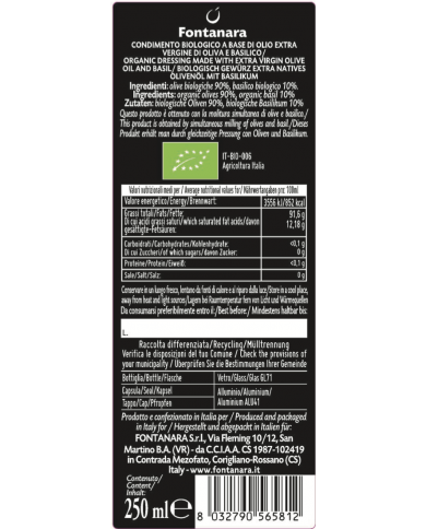 Condimento Biologico a base di Olio Extra Vergine di Oliva e Basilico Fontanara 250ml